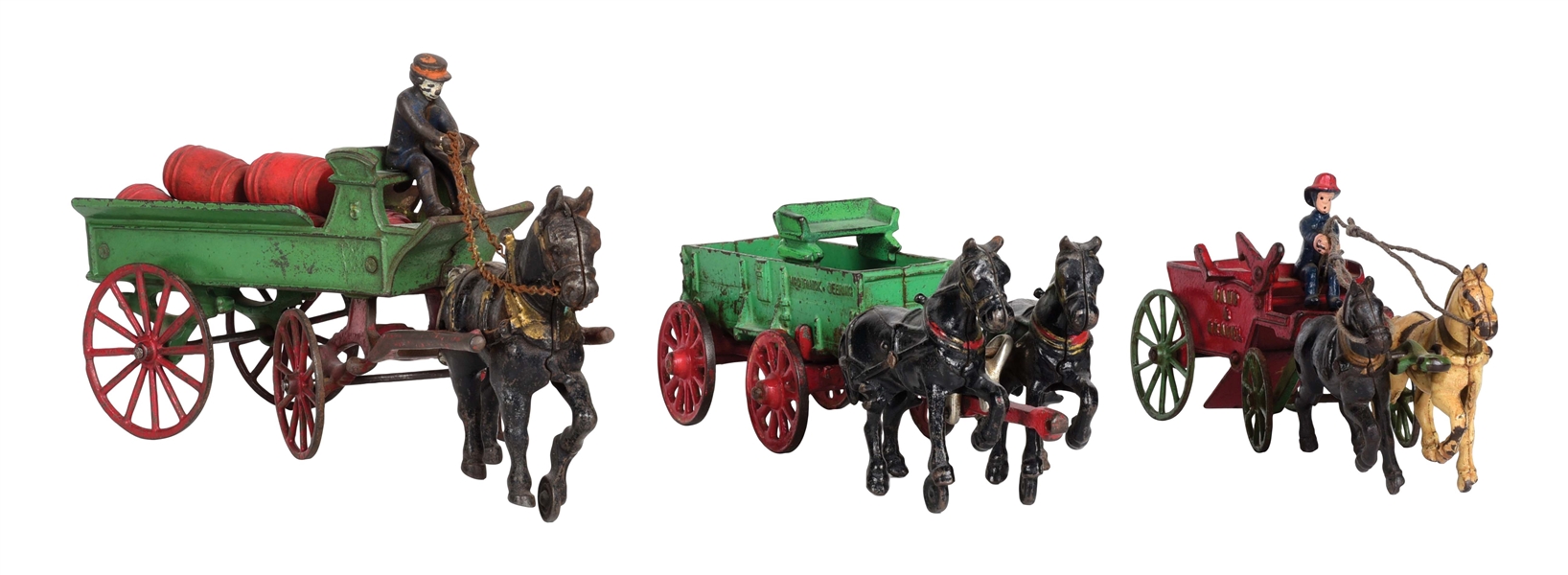 LOT OF 3: AMERICAN-MADE CAST IRON HORSE-DRAWN WAGONS.