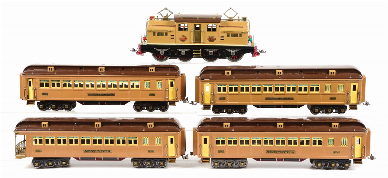 LOT OF 5: RESTORED LIONEL 408 E LOCO ENGINE WITH OBSERVATION CARS.