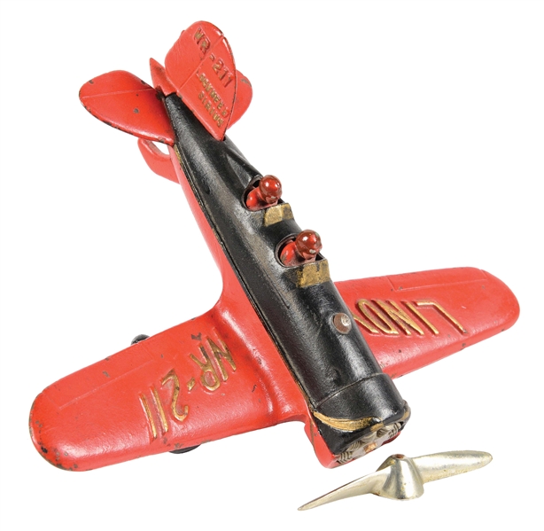 CAST IRON BLACK AND RED LINDY NR-211 AIRPLANE TOY.