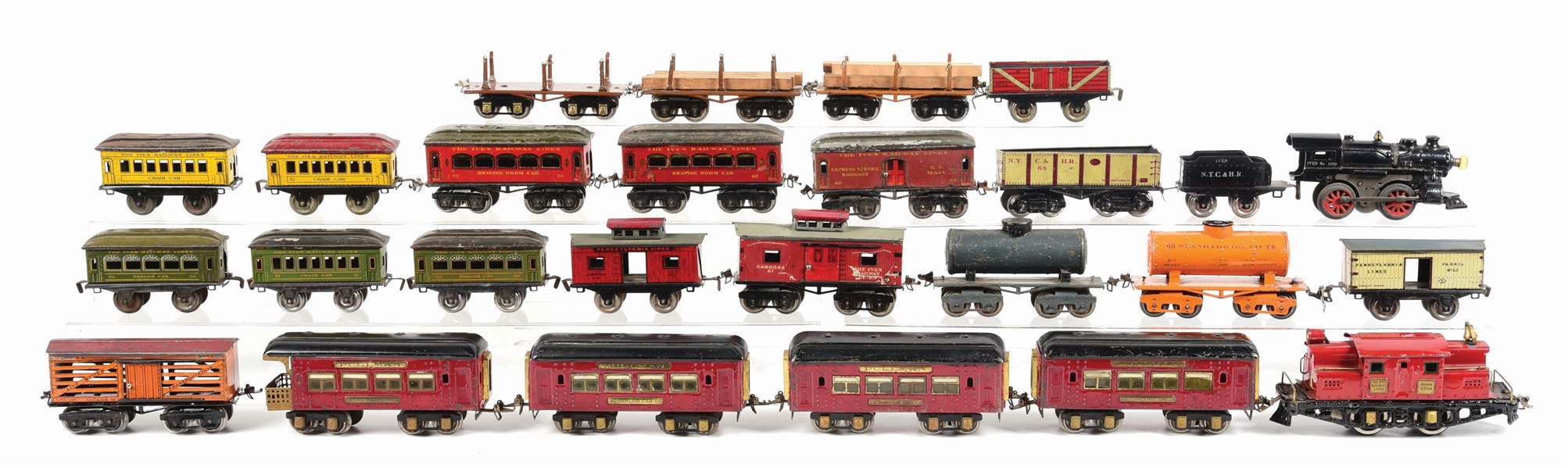 LARGE GROUPING OF IVES LOCOMOTIVES, PASSENGER CARS & FREIGHT CARS.