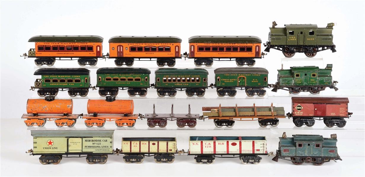 LARGE LOT OF: IVES LOCOMOTIVE, FREIGHT & PASSENGER CARS.