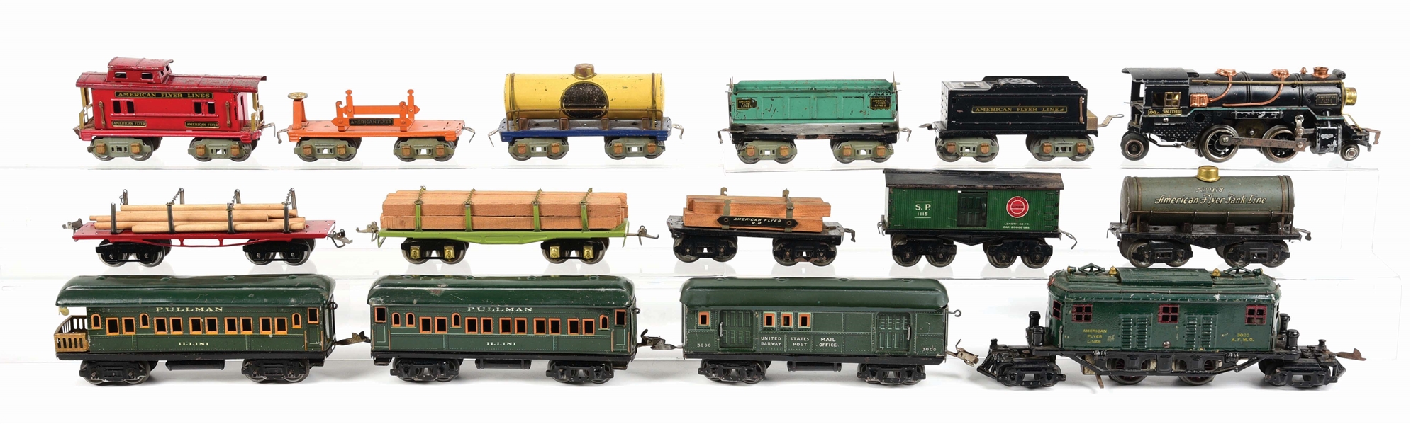 LARGE GROUPING OF AMERICAN FLYER PRE-WAR & IVES FREIGHT CARS, ENGINES & SOME PASSENGER CARS.