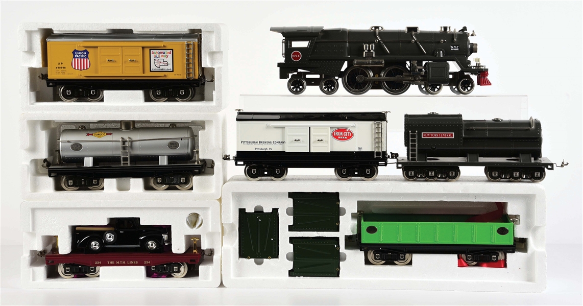 LOT OF 7: MTH 400E GREY NICKEL W/ ASSORTED 200 SERISES FREIGHT CARS.