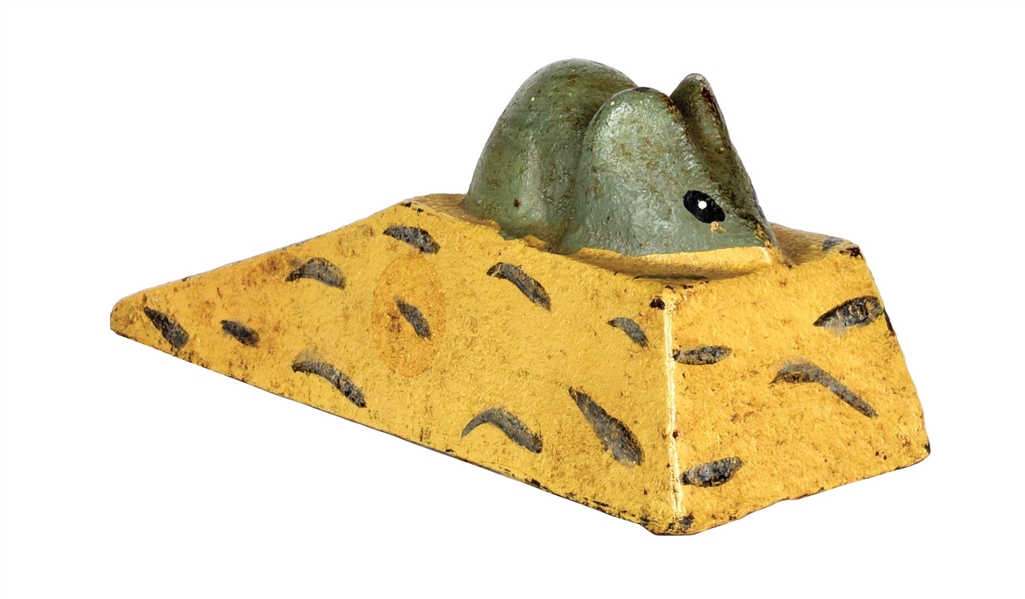 UNUSUAL CAST IRON AMERICAN-MADE MOUSE ON CHEESE DOORSTOP WEDGE.