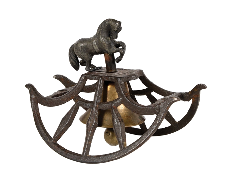 EARLY CAST IRON IVES BELL TOY W/ ROCKER HORSE ON TOP.