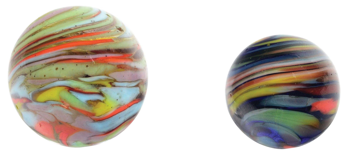 LOT OF 2: CHRISTENSEN AGATE CYCLONE GUINEA AND COBALT GUINEA MARBLES.