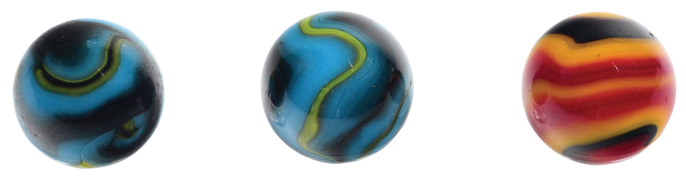 LOT OF 3: PELTIER GOLDEN, GALAXY AND BLUE GALAXY MARBLES.