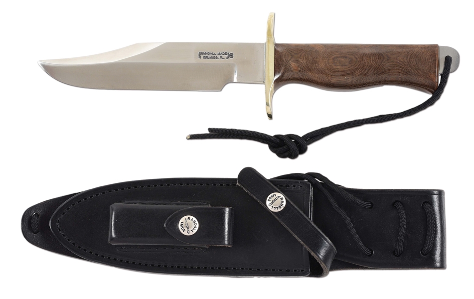 RANDALL BUXTON SPECIAL FIGHTER KNIFE WITH MICARTA HANDLE AND ORIGINAL SHEATH.