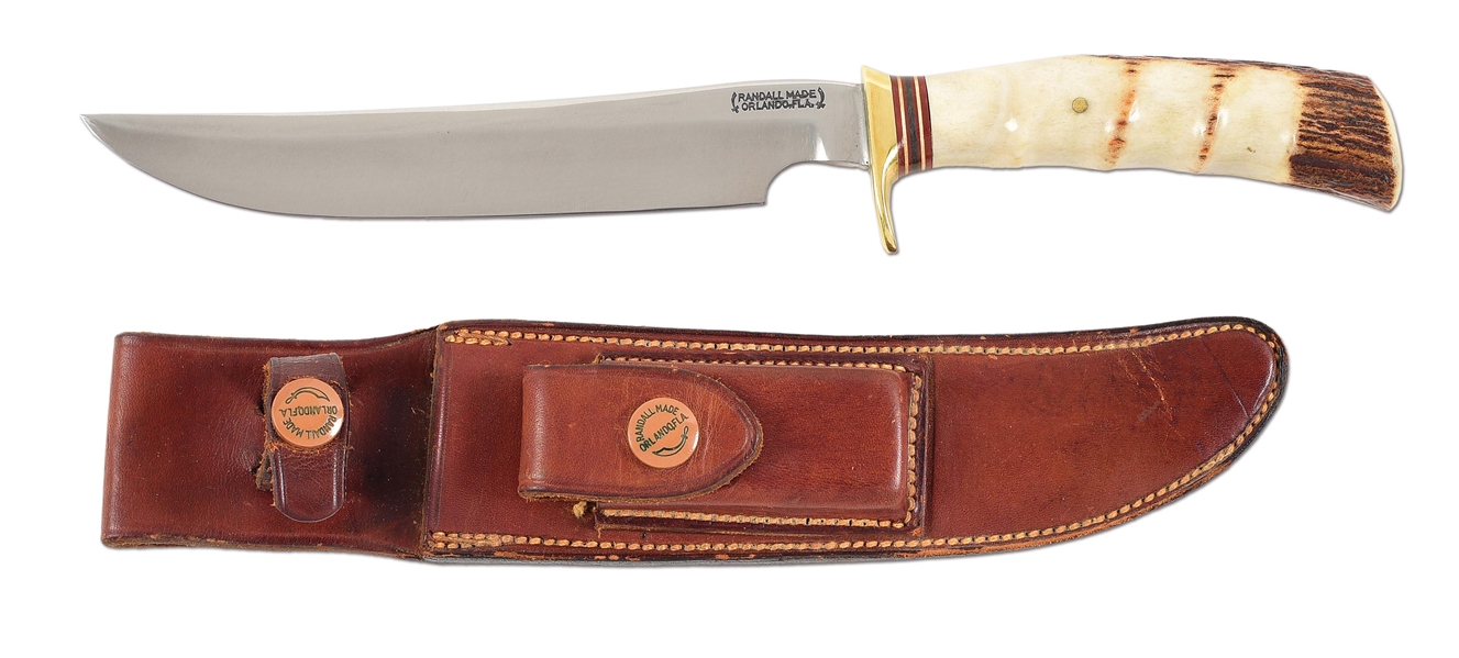 RANDALL MODEL 3-7 HUNTER WITH FINGER GROOVED STAG HANDLE AND SHEATH.
