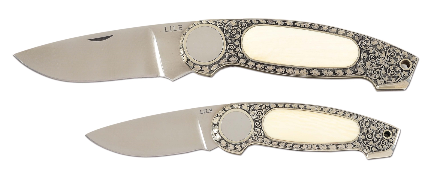 2 KNIFE SET OF JIMMY LILE MAMMOTH GRIPPED ENGRAVED LOCKING FOLDING KNIVES.