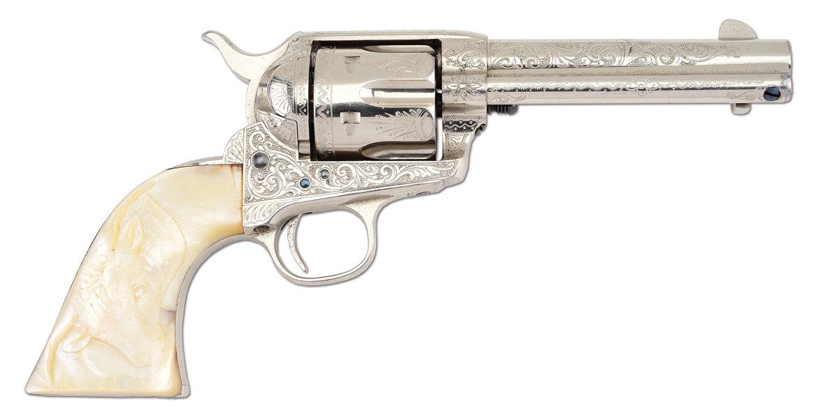 (A) EXCELLENT HELFRICHT ENGRAVED COLT SINGLE ACTION ARMY WITH STEERHEAD PEARL GRIPS, FEATURED IN "THE COLT ENGRAVING BOOK VOL. I" BY WILSON.