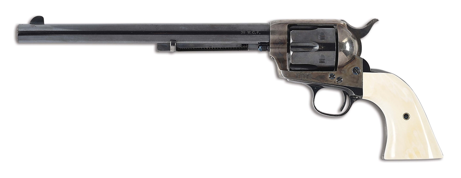 (A) COLT SINGLE ACTION ARMY IN .38-40 WITH 9 - 1/2" BARREL AND IVORY GRIPS.