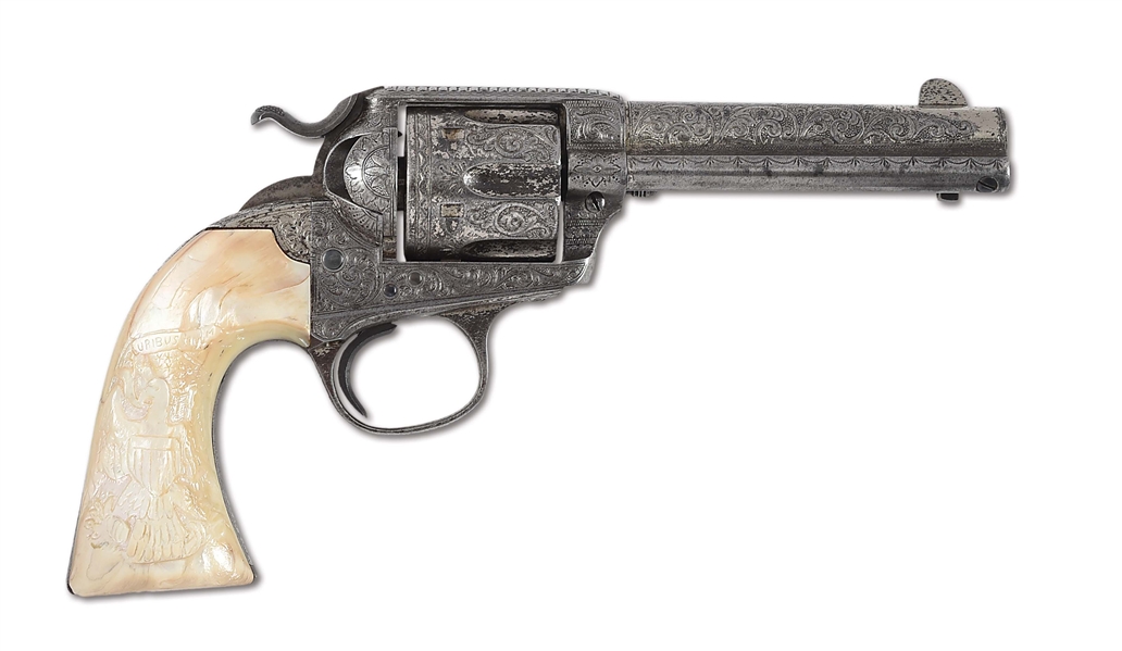 (C) AN EXCEPTIONALLY RARE FACTORY ENGRAVED HELFRICHT COLT BISLEY FRONTIER SIX SHOOTER WITH THE ONLY KNOWN PAIR OF FACTORY PEARL GRIPS CARVED WITH THE SEAL OF THE UNITED STATES.