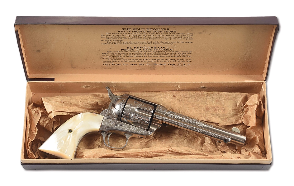 (A) AN ATTRACTIVE NEW YORK ENGRAVED COLT SINGLE ACTION ARMY REVOLVER WITH PEARL GRIPS AND BOX.