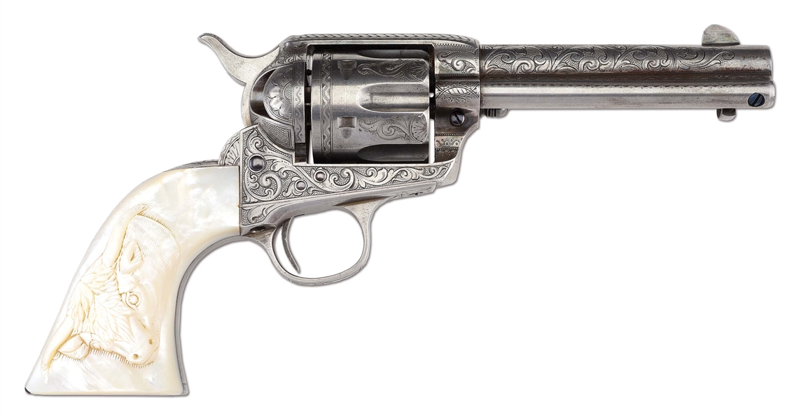(C) ENGRAVED COLT SINGLE ACTION REVOLVER WITH PEARL GRIPS AND BOX, ENGRAVED TO JAMES H. SMITH ON BACKSTRAP..