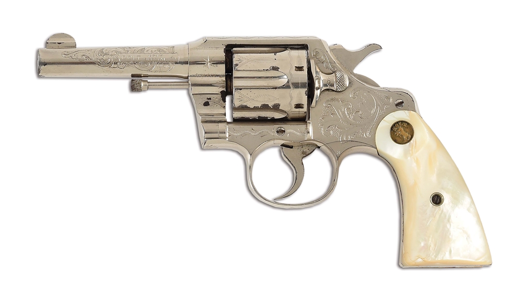 (C) FACTORY ENGRAVED COLT ARMY SPECIAL DOUBLE ACTION REVOLVER WITH CARVED PEARL GRIPS AND INSCRIPTION.