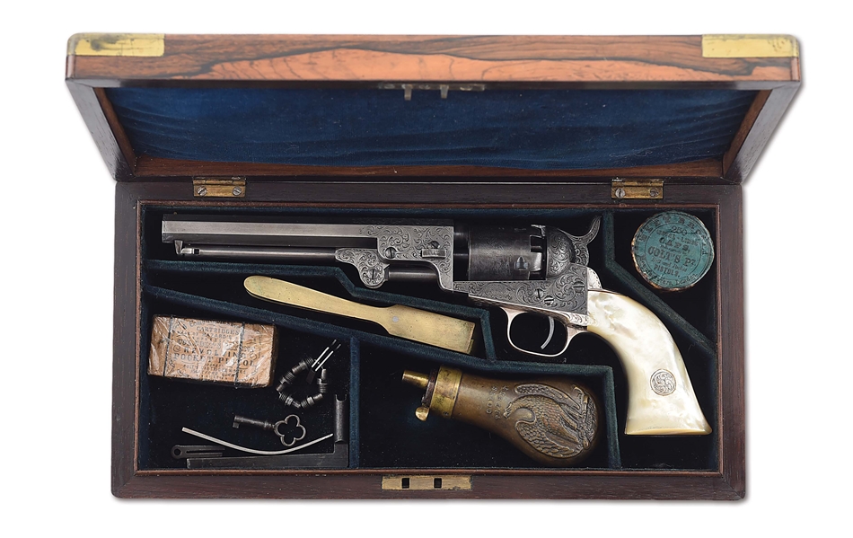 (A) FACTORY ENGRAVED COLT MODEL 1849 POCKET REVOLVER WITH RARE PEARL GRIPS AND CASE.