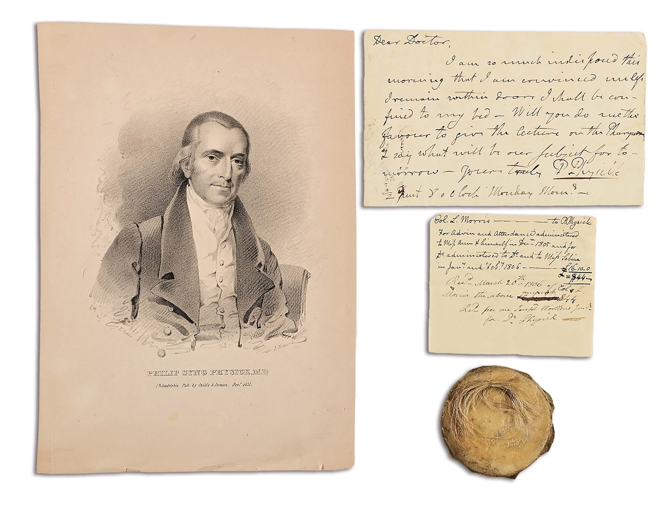 LOT OF 4: PHILLIP SYNG PHYSICK, FATHER OF AMERICAN SURGERY, SIGNATURES, LOCK OF HAIR, ENGRAVING.