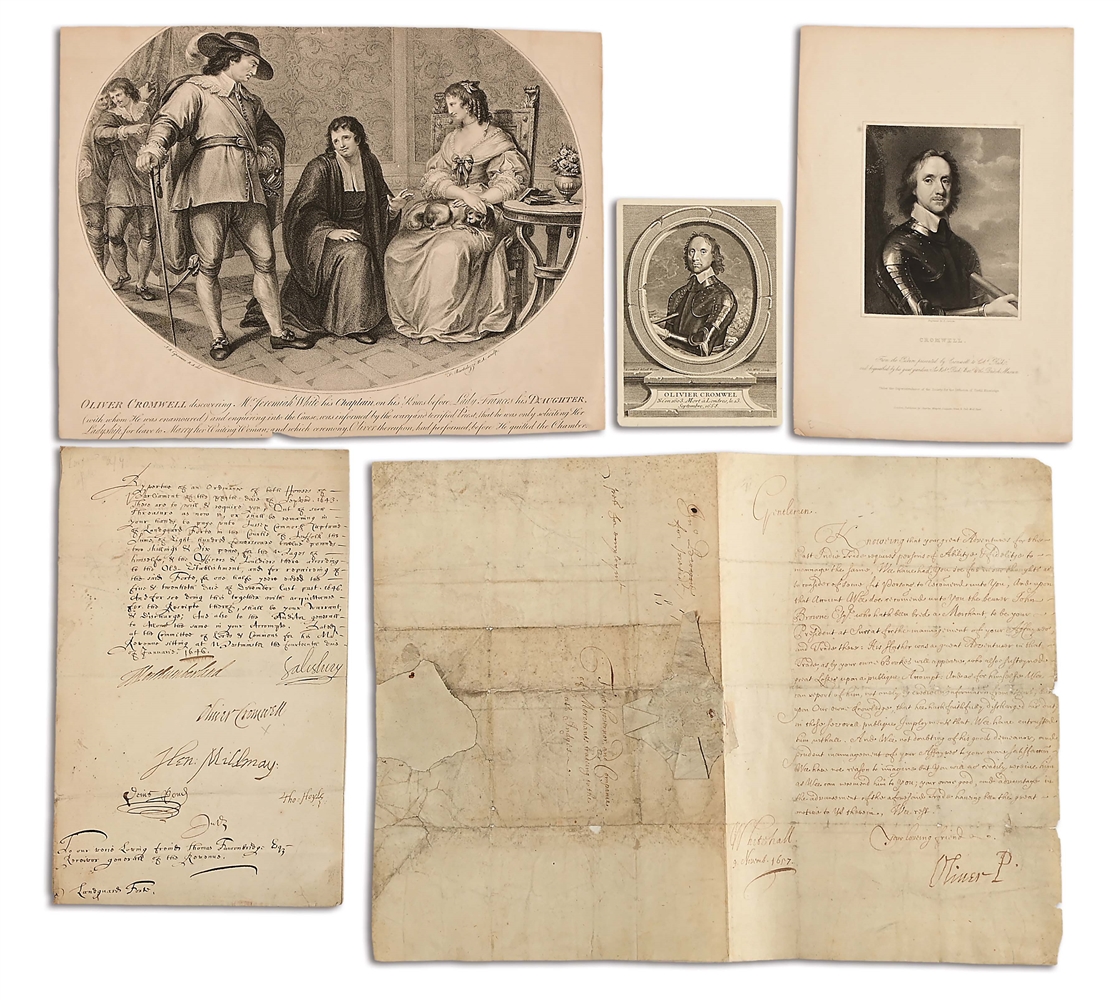 LOT OF DOCUMENTS AND ENGRAVINGS SIGNED BY OLIVER CROMWELL, EX LATTIMER.