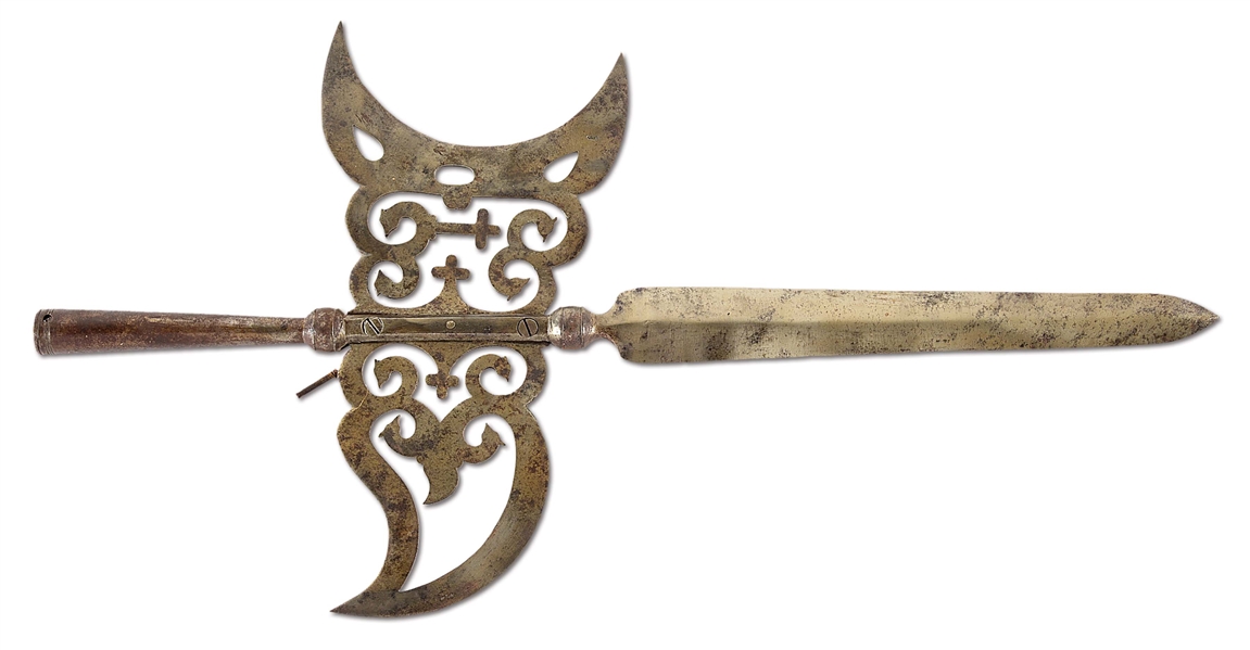 PIERCED HALBERD HEAD FOR USE IN A PARADE WITH REMOVABLE HEAD FOR EASE OF TRANSPORATION.