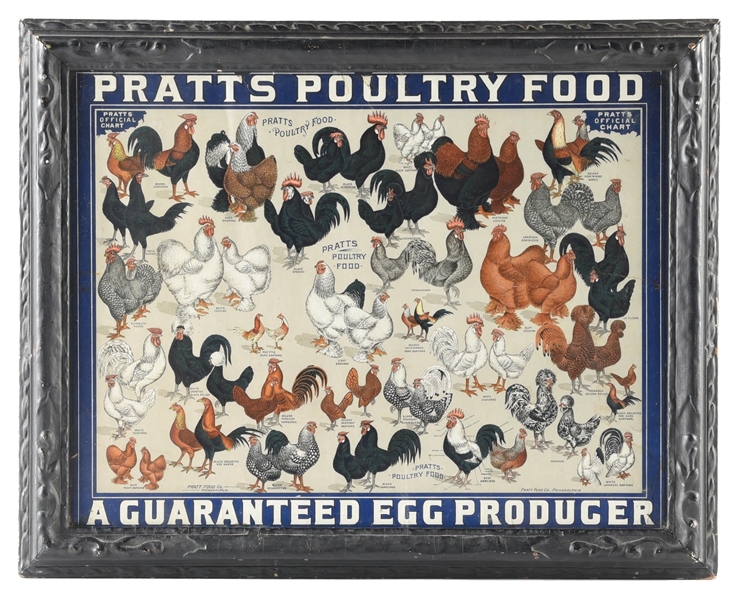 PRATTS POULTRY FOOD FRAMED CARD STOCK ADVERTISEMENT W/ CHICKEN GRAPHICS. 