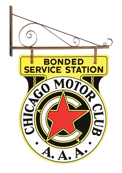 CHICAGO MOTOR CLUB - AAA DOUBLE-SIDED PORCELAIN SIGN W/ BRACKET.