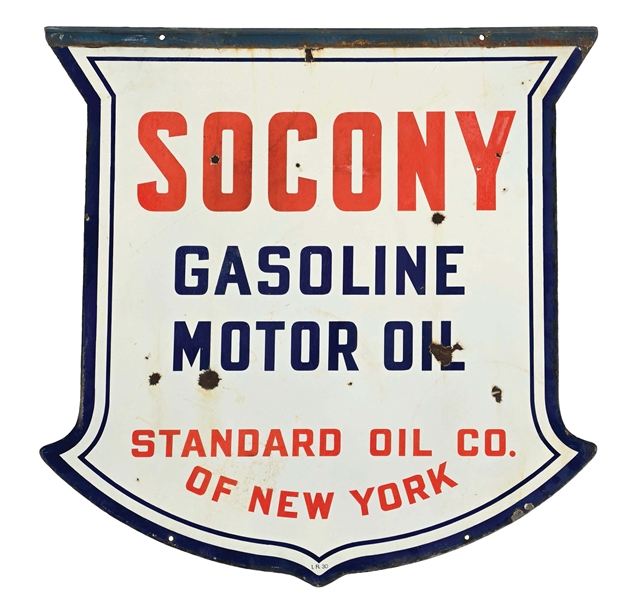 SOCONY GASOLINE & MOTOR OIL PORCELAIN SHIELD SIGN.