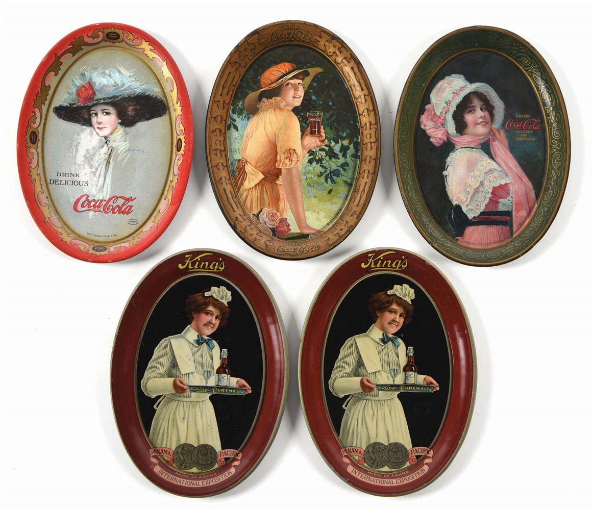 COLLECTION OF 5: TIN LITHOGRAPHED TIP TRAYS.