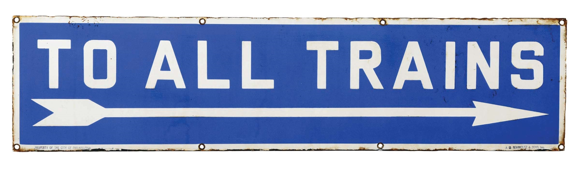 "TO ALL TRAINS" PORCELAIN SUBWAY SIGN W/ ARROW GRAPHIC.