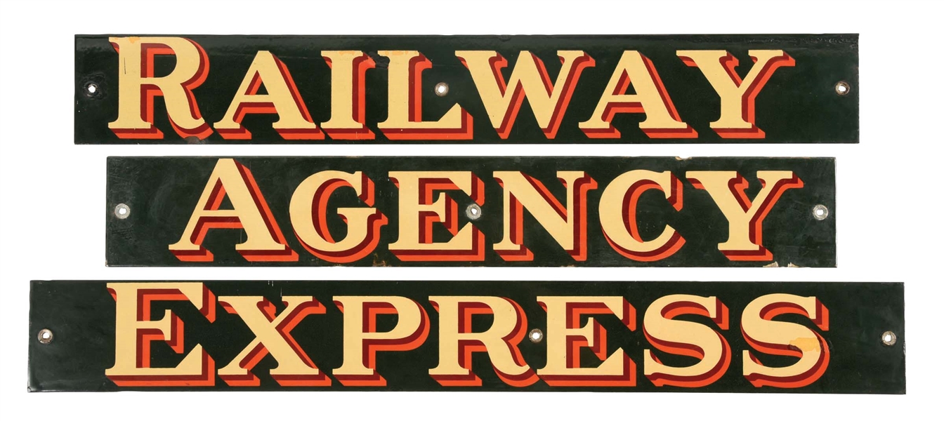 RAILWAY EXPRESS AGENCY 3 PIECE PORCELAIN SIGN.