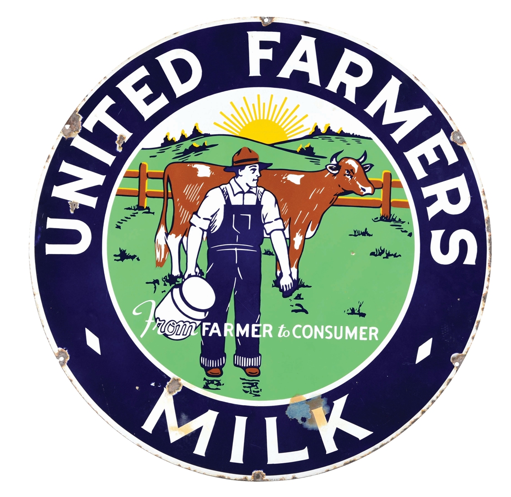 PORCELAIN UNITED FARMERS MILK SIGN W/ COW GRAPHIC.