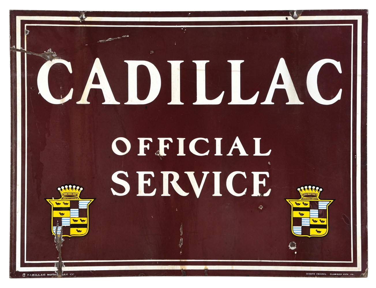 PORCELAIN CADILLAC OFFICIAL SERVICE SIGN W/ LOGO GRAPHICS.