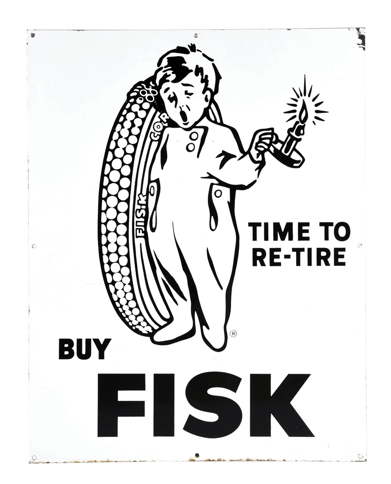 BUY FISK TIRES PORCELAIN SIGN W/ FISK BOY GRAPHIC.