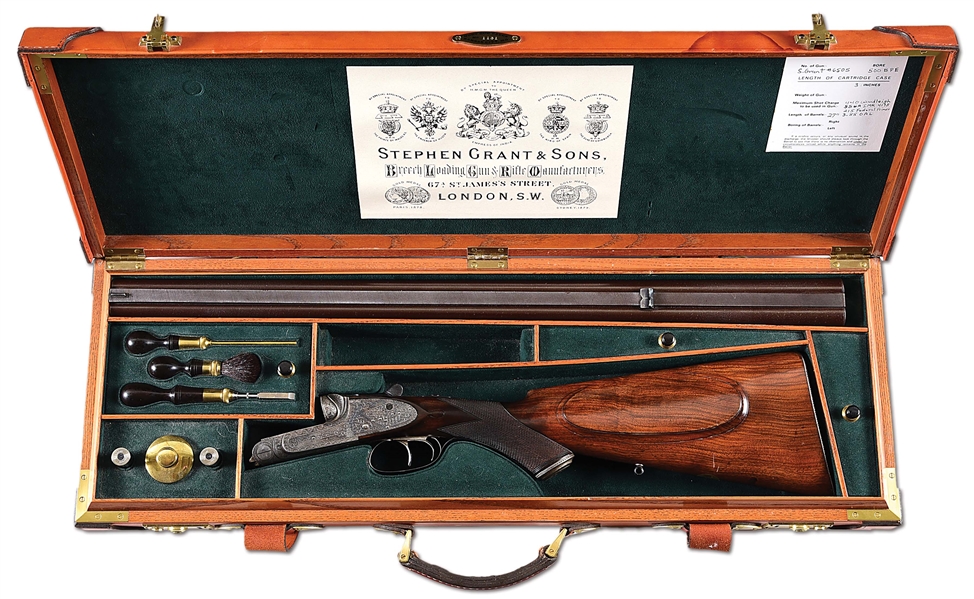 (C) STEPHEN GRANT AND SONS SIDE LEVER 500 BPE DOUBLE RIFLE WITH CASE.