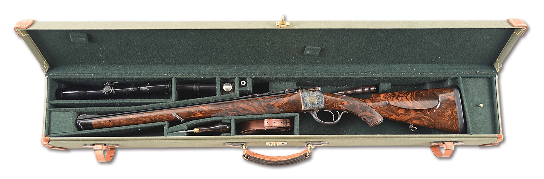 (M) MARTIN HAGN FALLING BLOCK ACTION RIFLE WITH GORGEOUS MANNLICHER STYLE STOCK, CHAMBERED IN DESIRABLE .375 H&H MAGNUM, CASED.