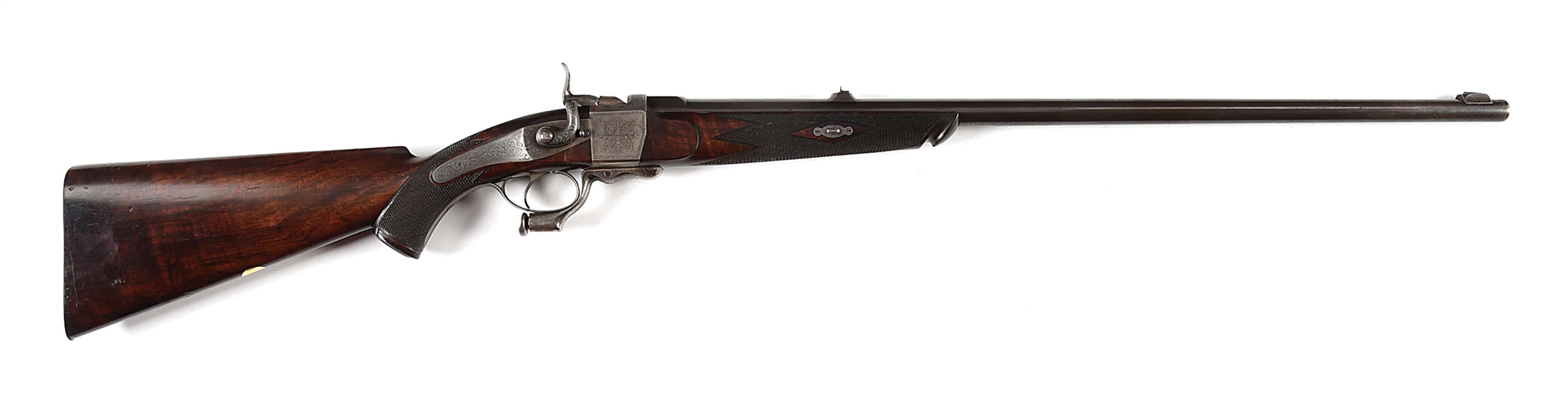 (A) ALEXANDER HENRY DROP LOCK SINGLE SHOT RIFLE IN .450 3 - 1/4" BPE WITH ORIGINAL CASE.