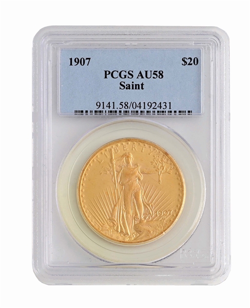 1907 $20 GOLD ST. GAUDENS, NM, PCGS AU58