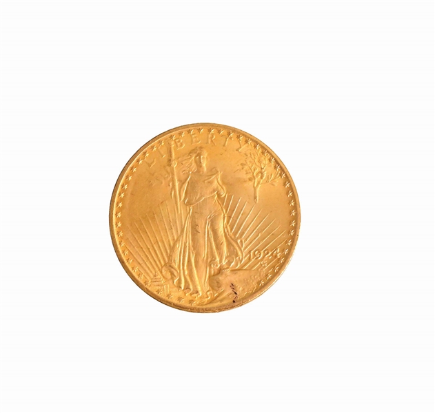 1924 $20 GOLD ST. GAUDENS, MS64+, RAW