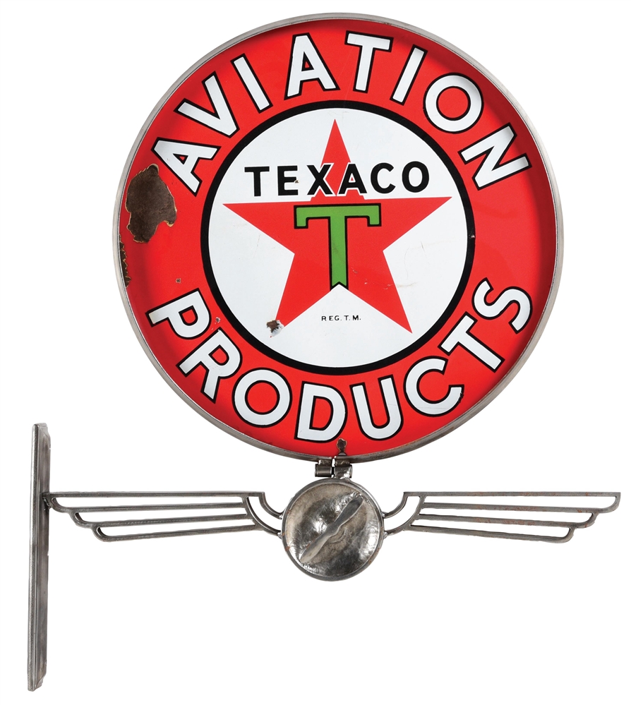 RARE TEXACO AVIATION PRODUCTS PORCELAIN SIGN W/ ORNATE DISPLAY BRACKET. 
