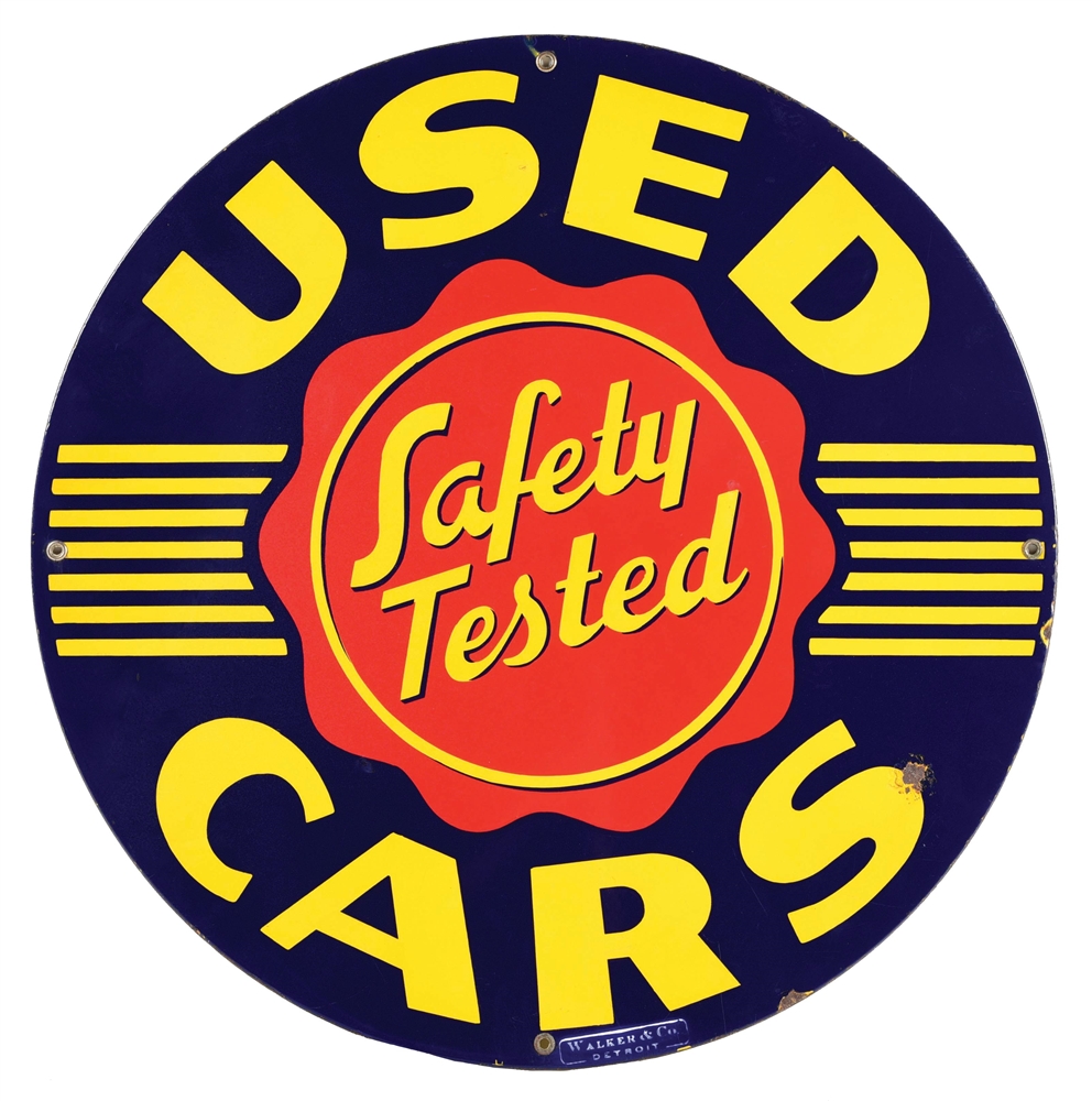 SAFETY TESTED USED CARS PORCELAIN DEALERSHIP SIGN. 