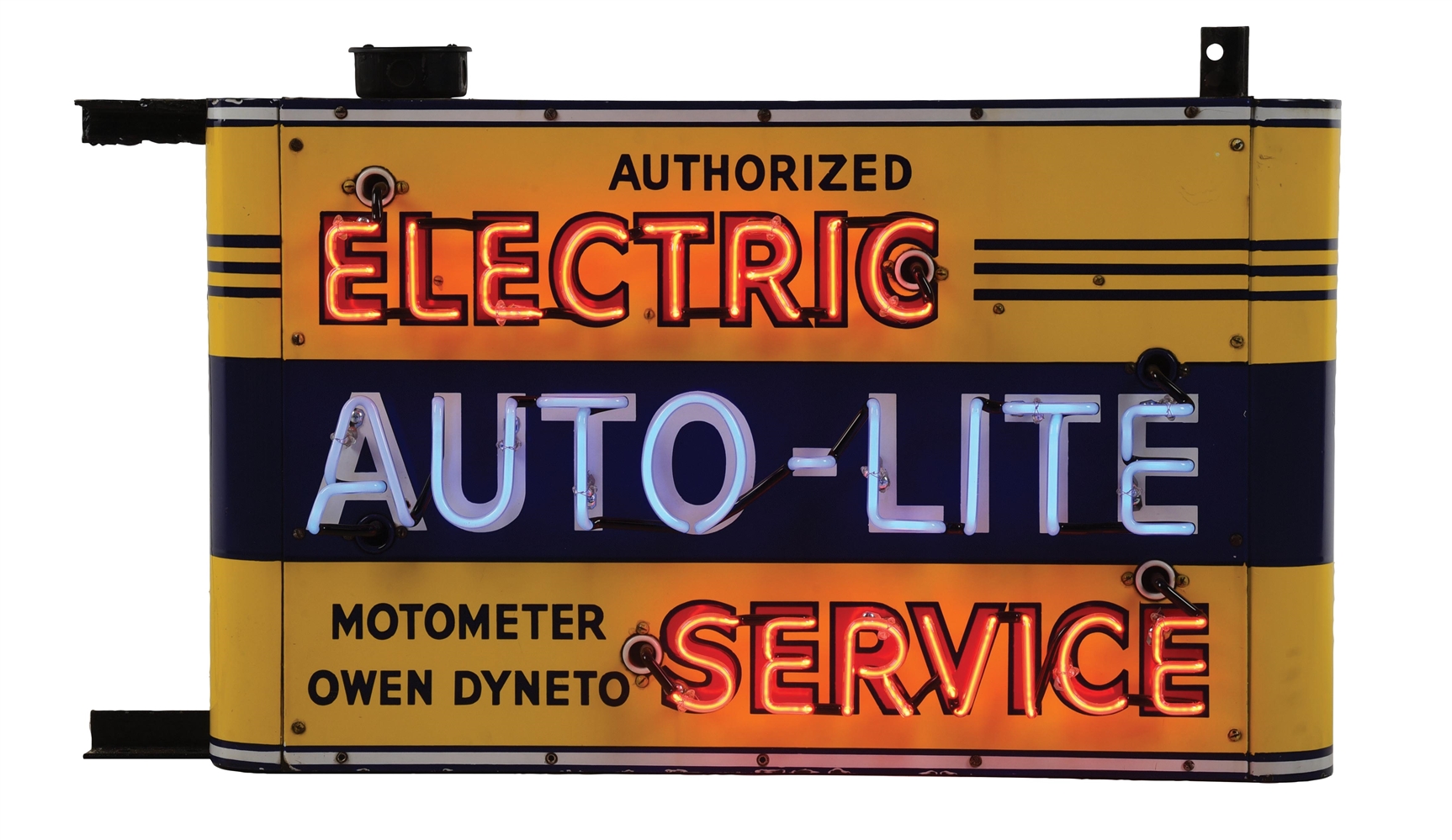 OUTSTANDING AUTO LITE ELECTRIC SERVICE PORCELAIN NEON SIGN W/ TWO BULLNOSE ATTACHMENTS. 