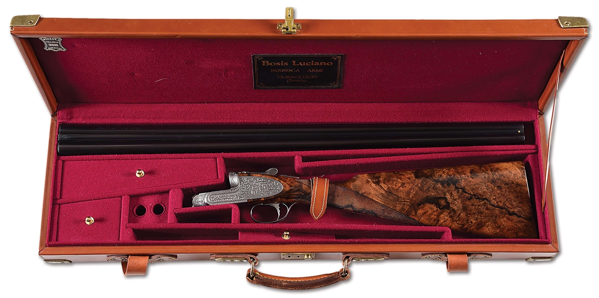 (M) LUCIANO BOSIS 20 GAUGE SIDE BY SIDE, WITH NEAR COMPLETE COVERAGE OF SCROLL ENGRAVING BY PASOTTI, WITH CASE.