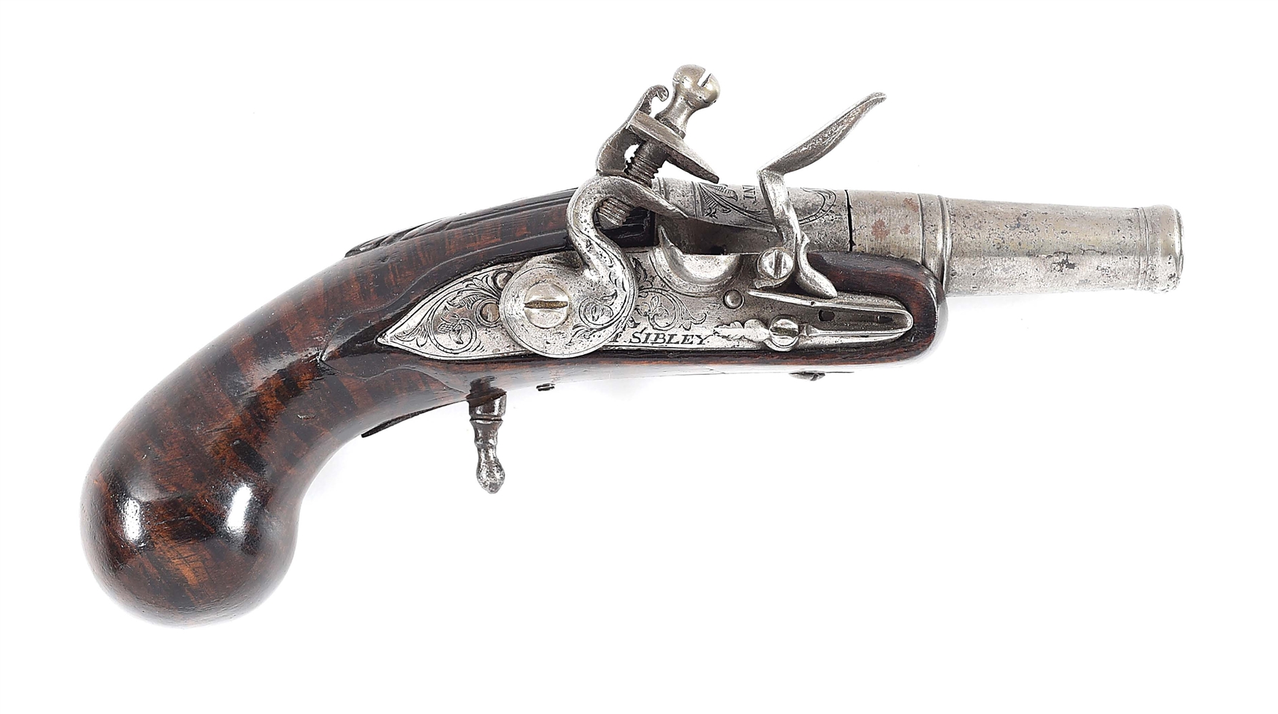 (A) EARLY ENGLISH FLINTLOCK POCKET PISTOL BY SIBLEY WITH DISPLAY STAND.
