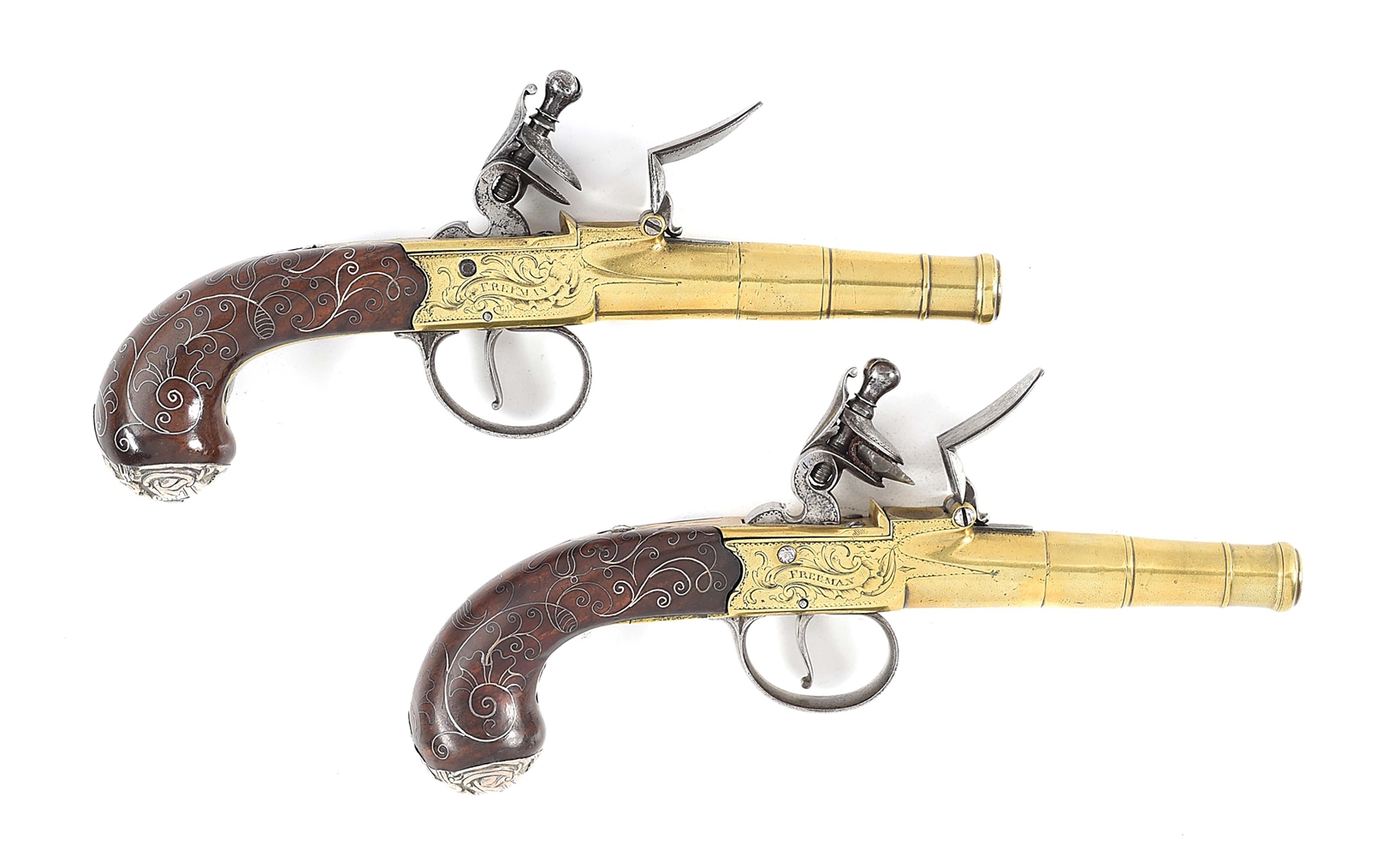 (A) PAIR OF ENGLISH FLINTLOCK POCKET PISTOLS BY FREEMAN WITH DISPLAY STAND.