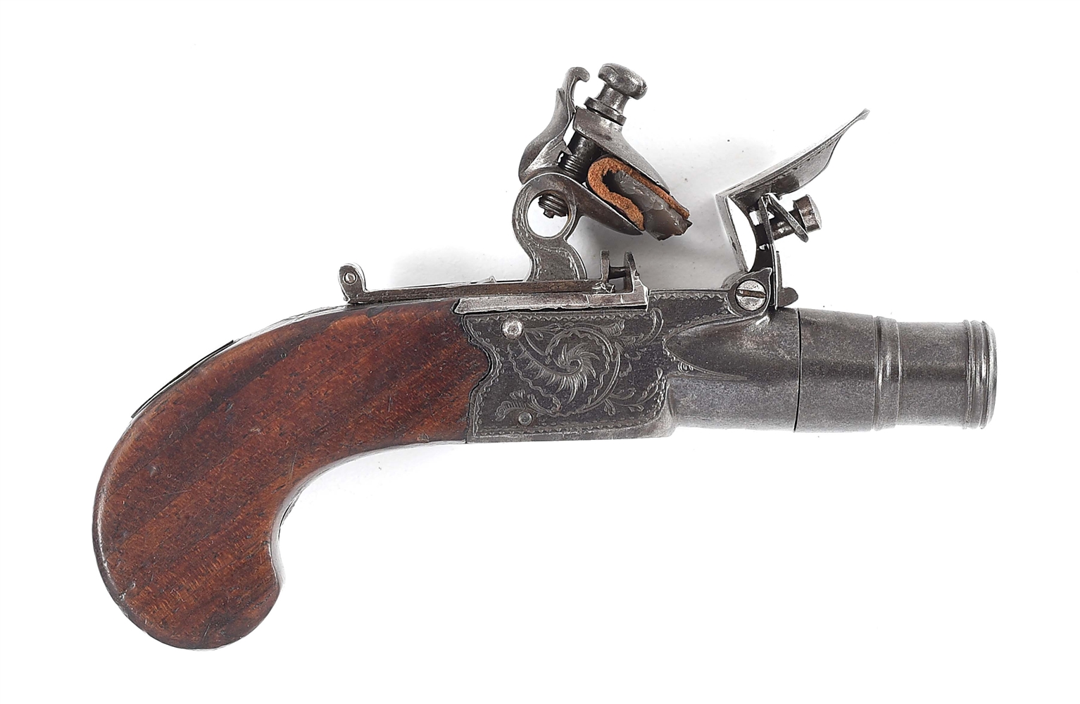 (A) DIMINUTIVE ENGLISH FLINTLOCK MUFF PISTOL BY WILLIAM WITH DISPLAY STAND.