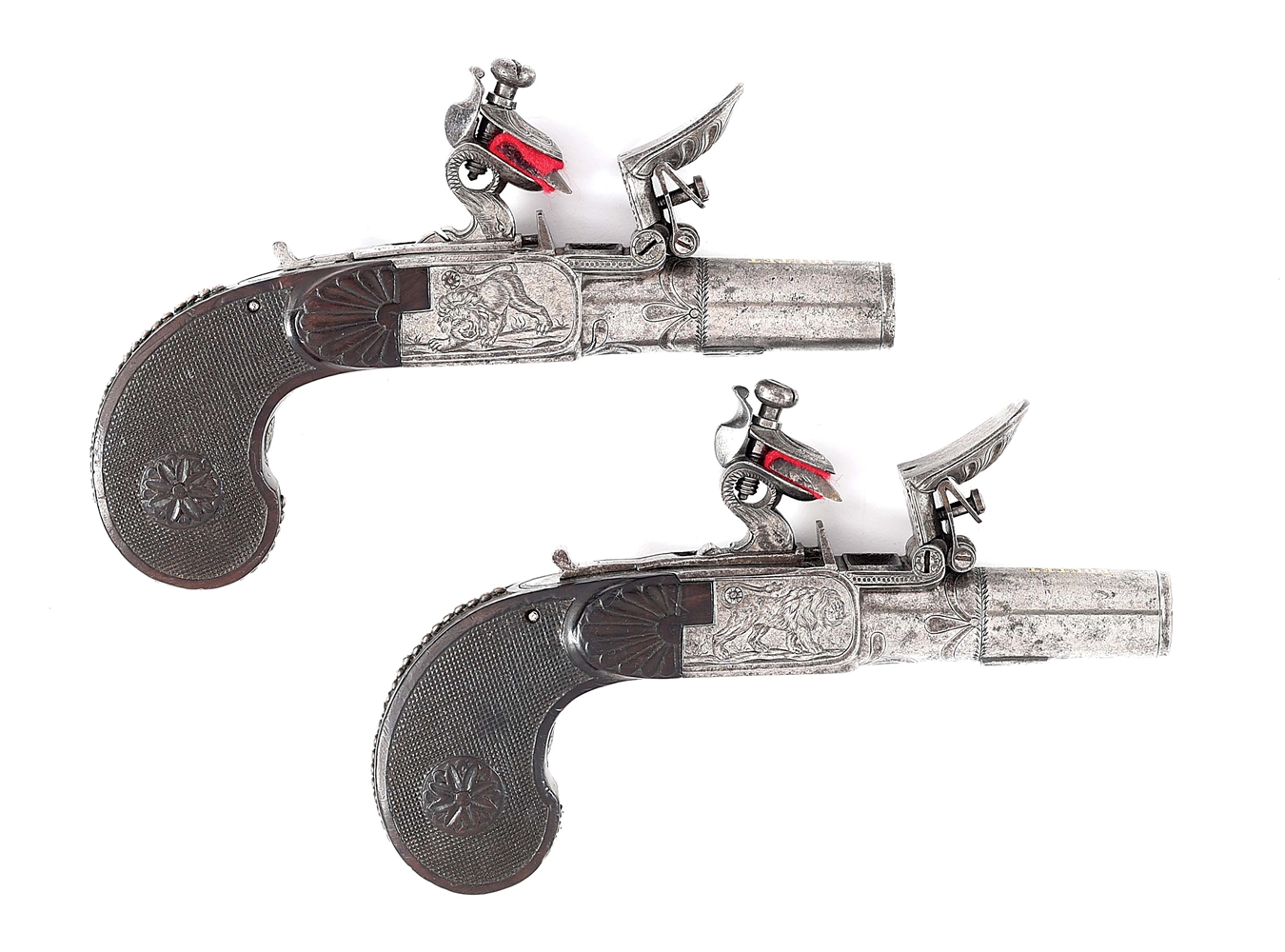 (A) AN ATTRACTIVE PAIR OF BOUTET FLINTLOCK BOXLOCK MUFF PISTOLS WITH GOLD INLAID ADDRESS AND ENGRAVINGS OF LIONS AND AVIANS.