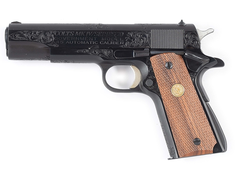 (M) FACTORY ENGRAVED COLT GOVERNMENT MKIV SEMI-AUTOMATIC PISTOL WITH FACTORY LETTER AND BOX.