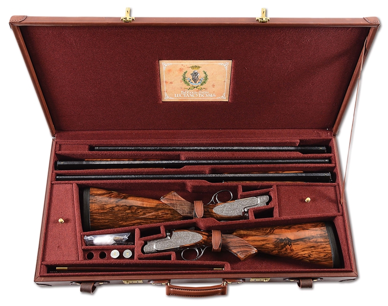 (M) A TRULY INCREDIBLE 2 GUN 3 BARREL SET OF LUCIANO BOSIS MICHELANGELO EXTRA SHOTGUNS WITH ORIGINAL FACTORY PAPERWORK AND NEAR COMPLETE COVERAGE OF SCROLL AND GAME SCENES BY PEDRETTI.