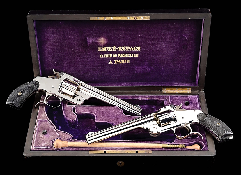 (A) EXCEPTIONALLY FINE PAIR OF SMITH & WESSON NEW MODEL NO. 3 REVOLVERS INSCRIBED TO LUIS ARRIETA CANAS WITH PARISIAN CASE.