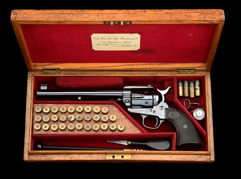 (A) RARE COLT LONDON FLATTOP TARGET SINGLE ACTION REVOLVER WITH FACTORY CASE AND FACTORY LETTER.